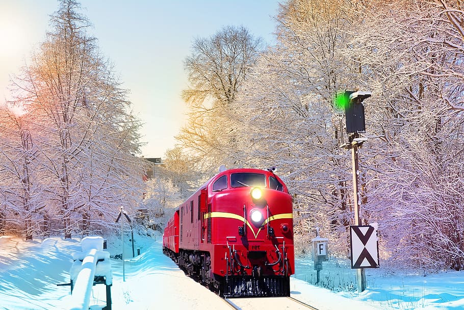 kereta api, salju, es, musim dingin, rel, hari, stasiun, pohon, hutan, foto