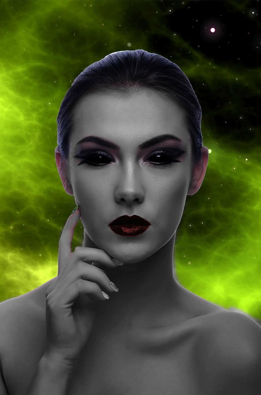 woman, touching, face, universe, alien, portrait, martians, like you, black and white, make-up