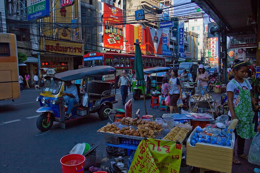 urbano, foto, ocupado, ruas, distrito de chinatown, chinatown, distrito, bangkok, tailândia, ásia