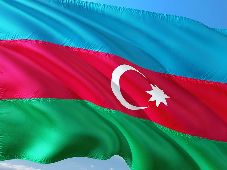 international, flag, azerbaijan, patriotism, green color, red, textile, waving, blue, full frame