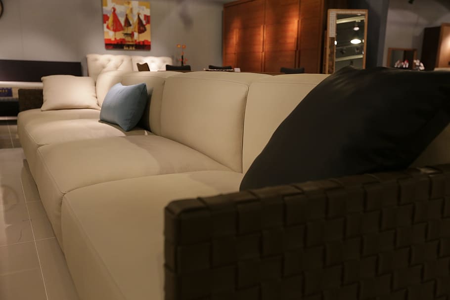 white, leather 4- seat sofa, 4-seat, pillows, living, room, leather, seat, sofa, living room