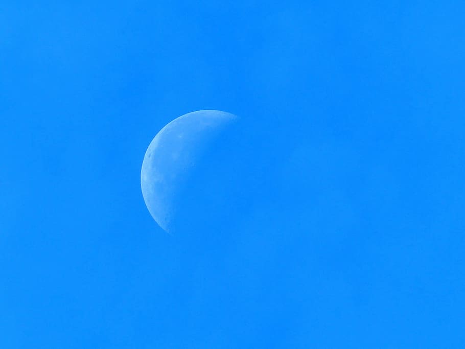 blue moon, half moon, sky, blue, clouds, nature, backgrounds, moon, copy space, space