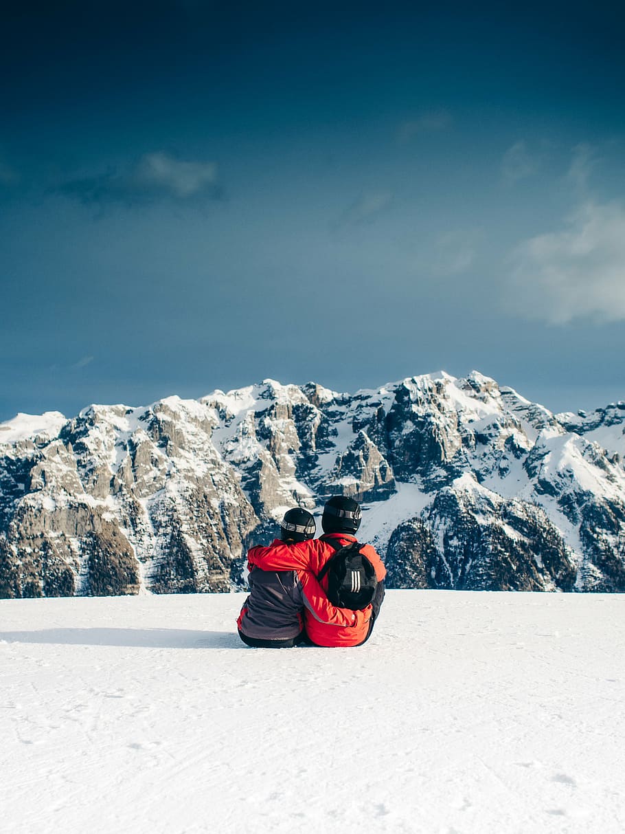 couple, sitting, top, mountain, snow, photography, day, time, skiing, snowboarding