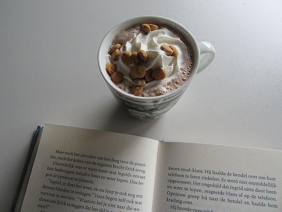 coffee beside book, cocoa, whipped cream, cookies, read, unwind, book, cosy, relax, books