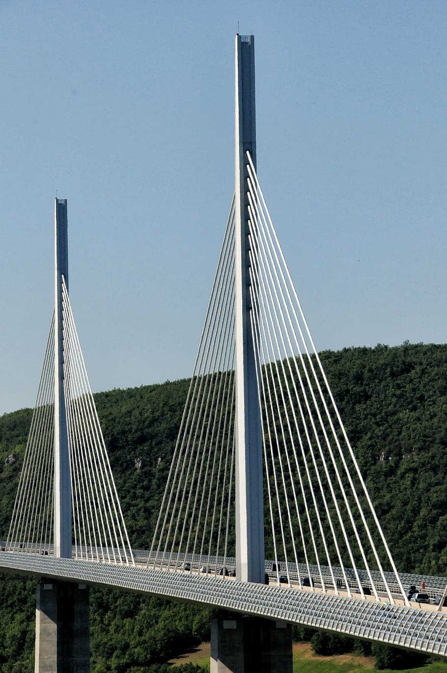 bridge, architecture, millau bridge, france, pillar, suspension bridge, shrouds, modern, sky, triangle shape