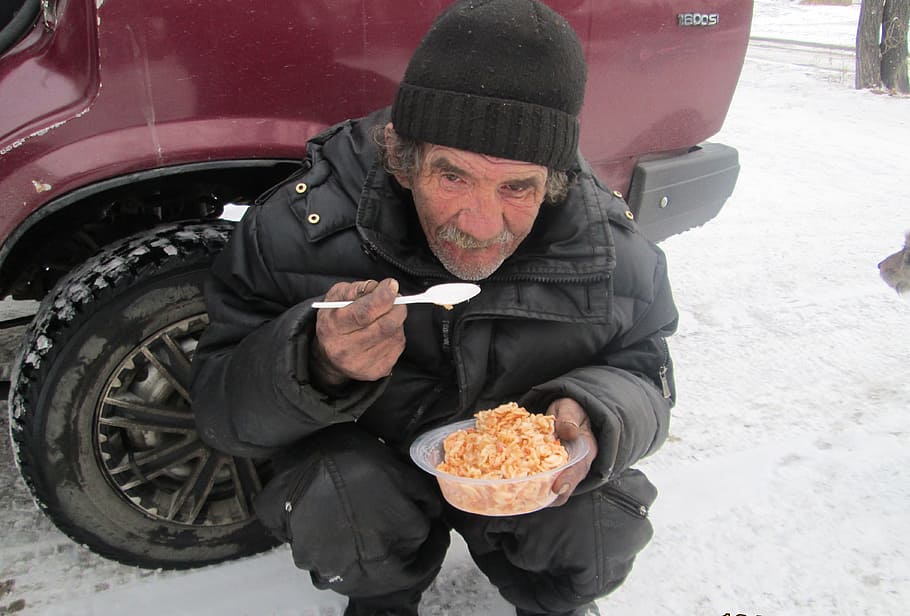 homeless, hunger, begging, men, males, one person, clothing, winter, mode of transportation, cold temperature