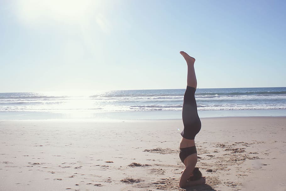 berdiri, pantai, Yoga, orang-orang, diet, kebugaran, kesehatan, sehat, meditasi, di luar rumah