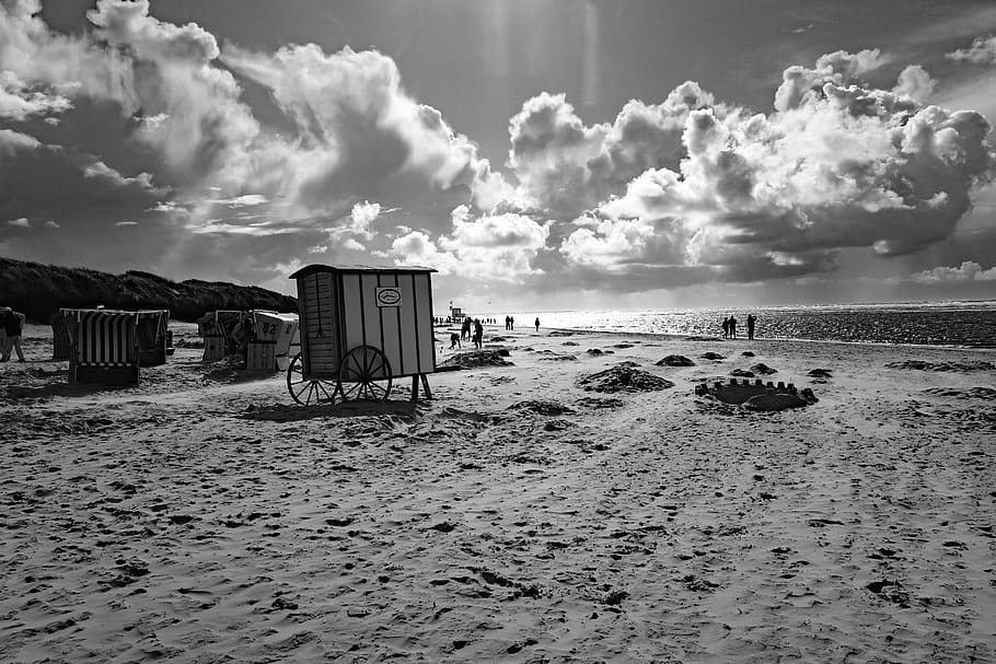 langeoog, island, north sea, clouds, beach, waters, black and white photography, coast, sw, s w