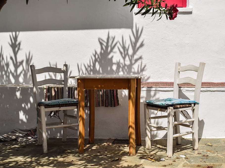yard, table, chairs, house, red, corner, architecture, traditional, island, greek
