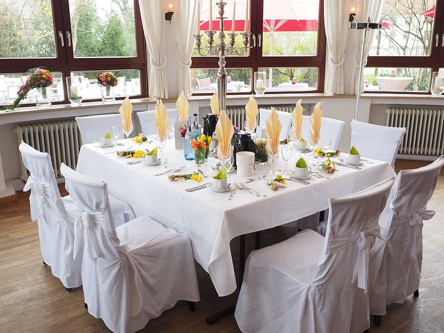 白, テーブル, 椅子, 結婚式のテーブル, ボールルーム, ホール, 結婚式の装飾, 結婚式, お祝い, 装飾