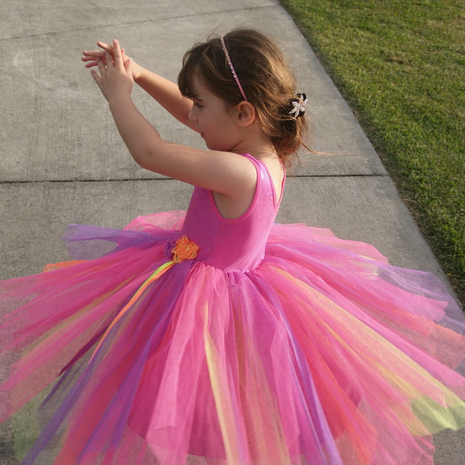 girl, wearing, pink, tutu dress, little girl, twirling, dancing, child, colorful, skirt