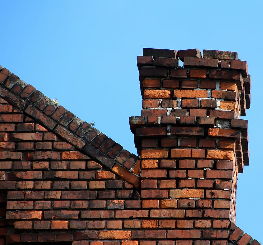 brown brick roof, chimney, wall, stones, stone wall, old, architecture, built structure, brick, sky