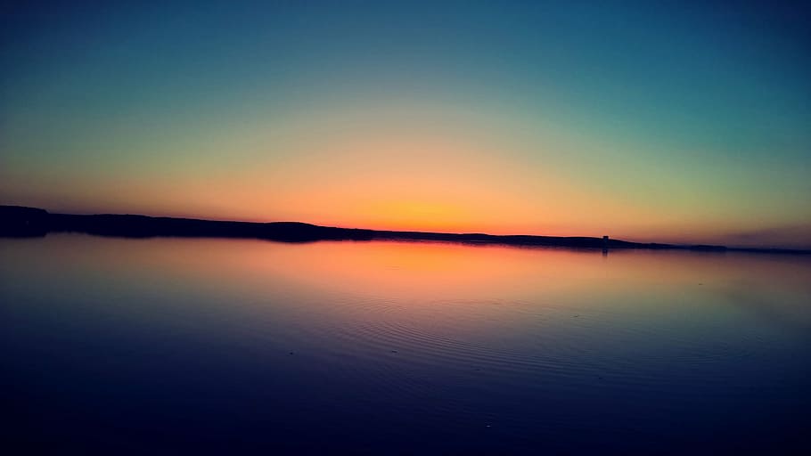 sunset, reflecting, body, water, sun, horizon, nature, ocean, sea, still