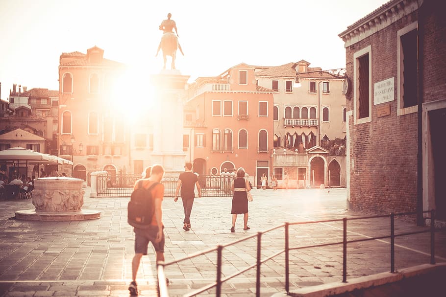 venice piazzale square sunset, Venice, Square, Sunset, antique, architecture, houses, italy, old, people