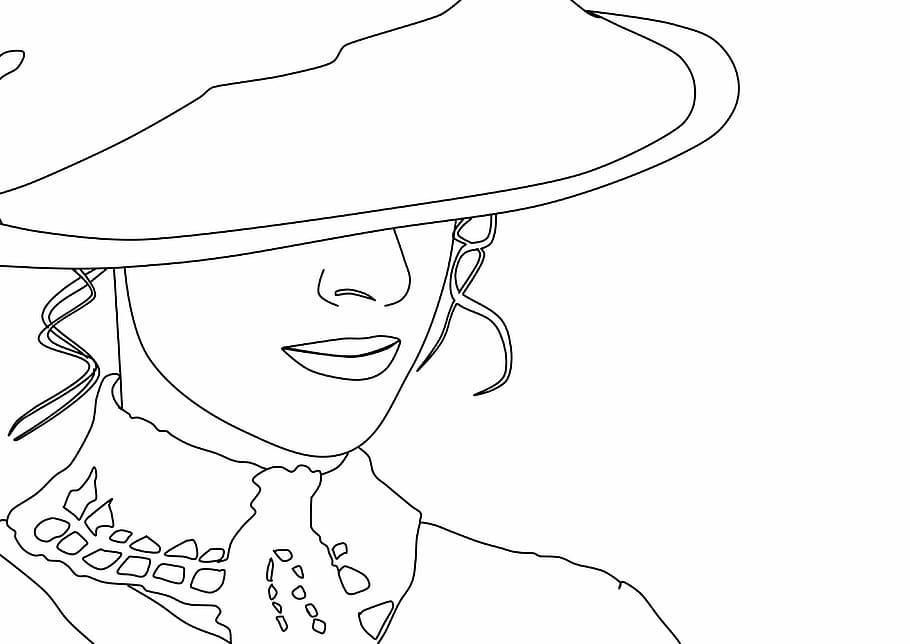 wanita, mengenakan, sketsa potret topi, Victoria, menggambar, topi, wanita klasik, ilustrasi, orang-orang, vektor