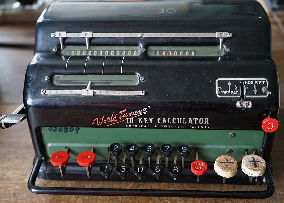 calculating machine, old, calculator, nostalgic, number, technology, close-up, communication, text, control