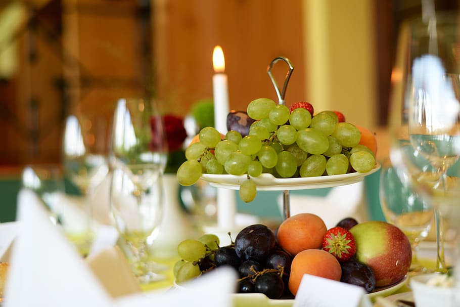 Anggur, buah, prasmanan, meja, pengaturan, pernikahan, resepsi, romantis, dekorasi, acara