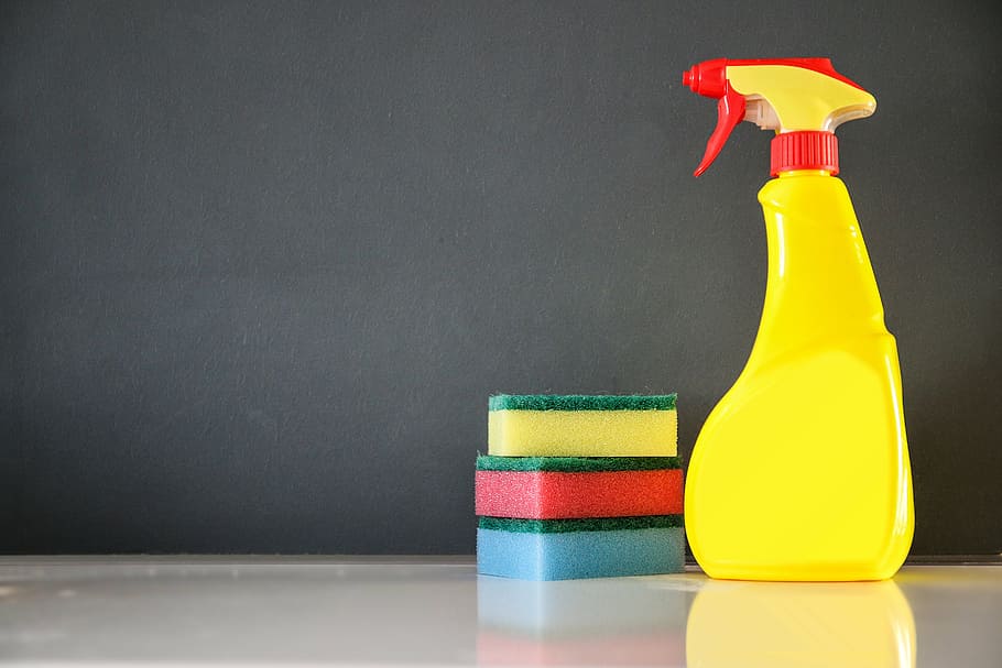yellow, red, spray bottle, cleaning, washing, cleanup, sponge, multi colored, indoors, bottle