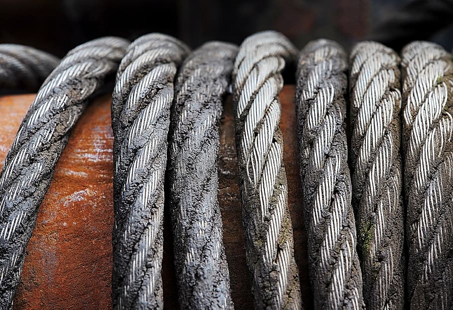 black ropes, cable, drum, grime, wound, metal, iron, steel, laid, strand