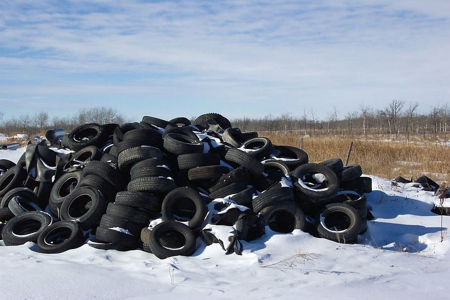 landfill, waste, garbage, recycle, tires, black, field, sky, snow, winter