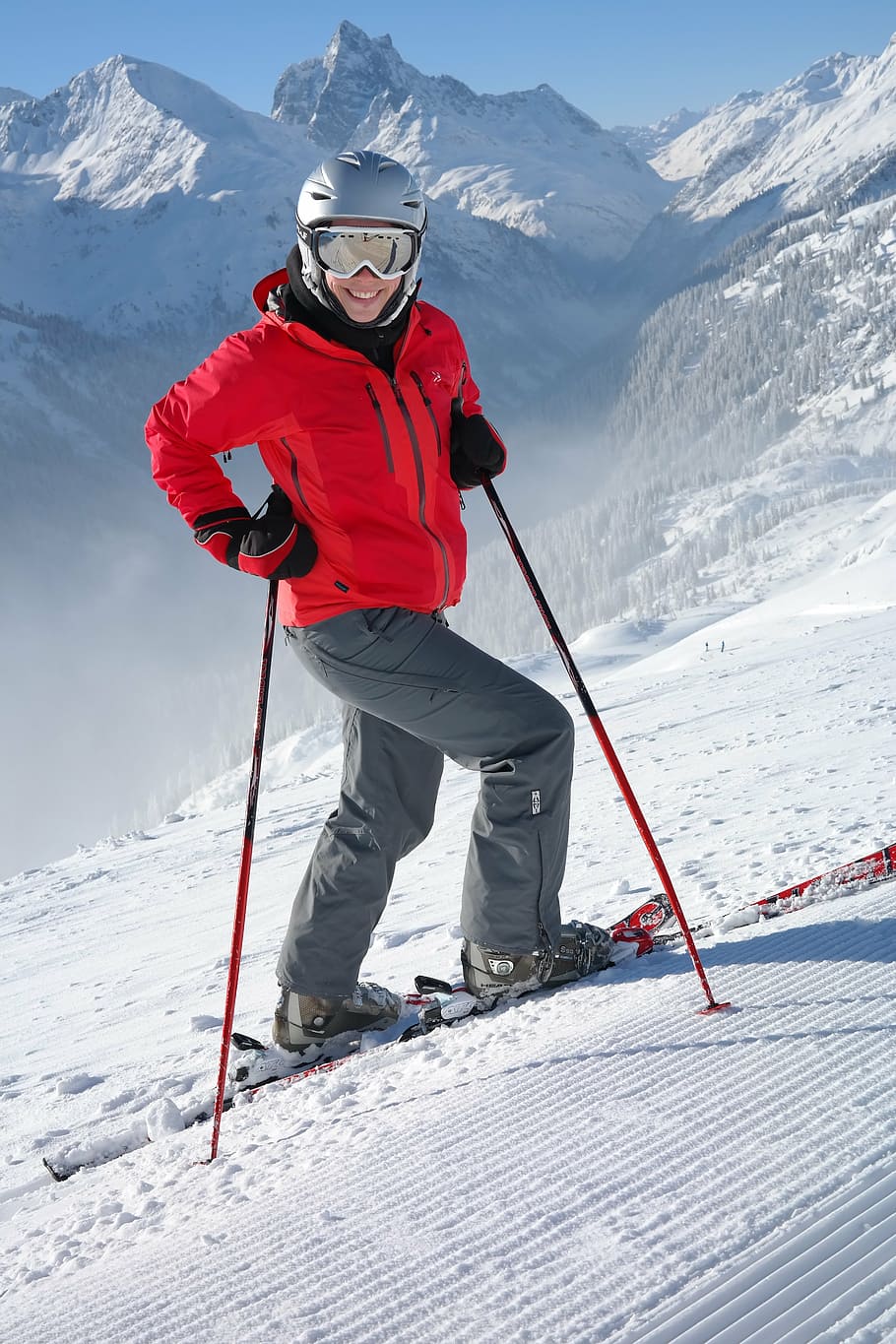 person, red, jacket, snow ski, holding, ski poles, daytime, skier, skiing, ski run