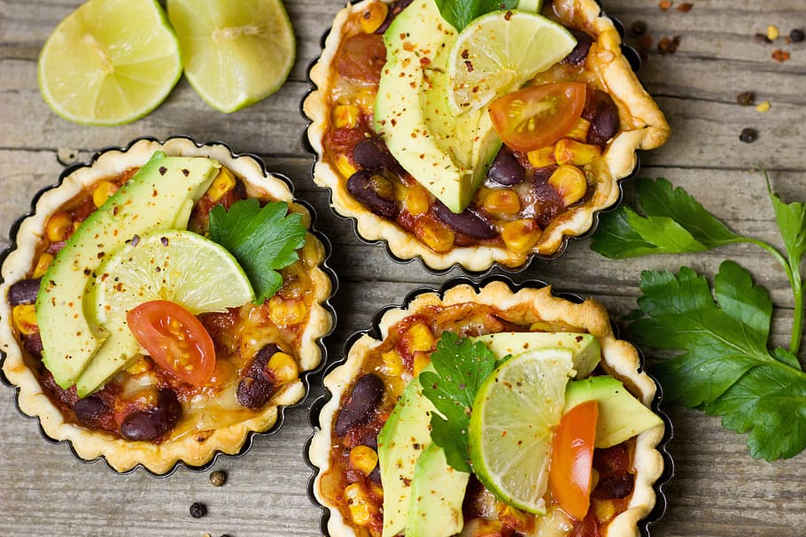 three vegetable pies, mexican, avocado, lime, mini, tartelette, tart, puff pastry, snack, starter