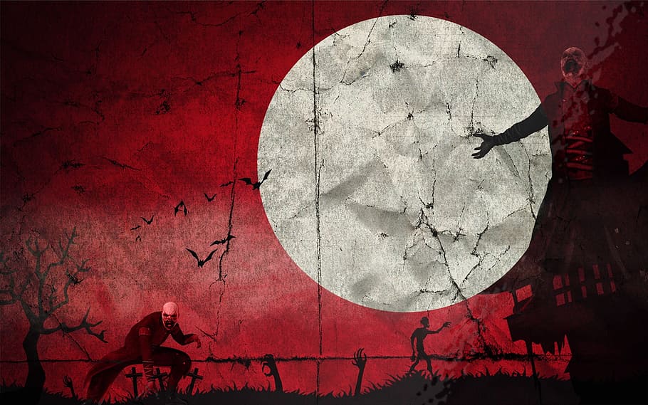 horror movie, illustration, moon, zombies, bat, red, textured, weathered, nature, symbol