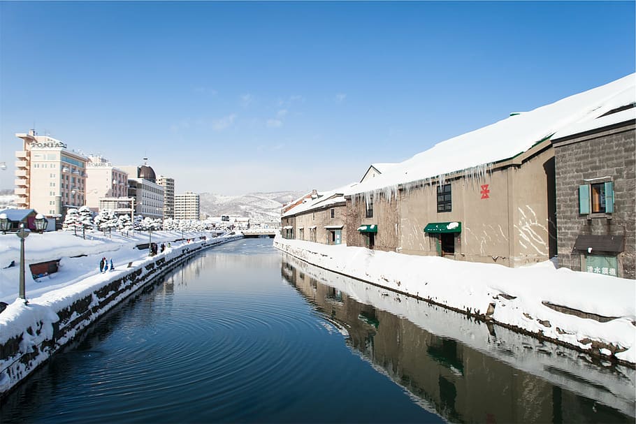 body, water, brown, buildings, canal, snow, winter, blue, sky, building exterior