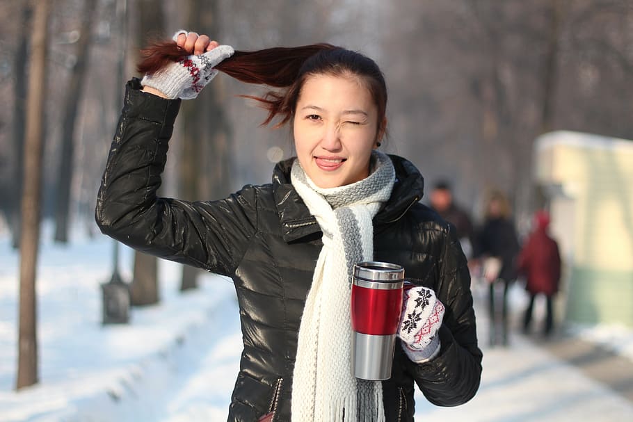 woman, holding, hair, grey, mug, standing, snow, covered, ground, girl