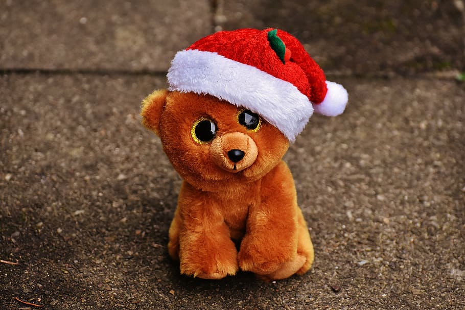 christmas, teddy, bear, stuffed animal, soft toy, santa hat, toys, cute, glitter eyes, funny