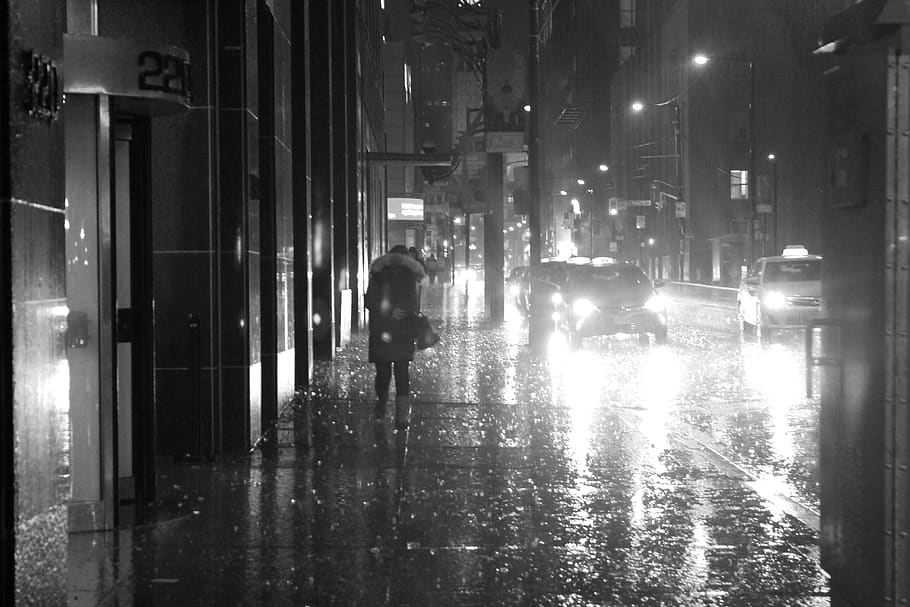 city, rain, urban, wet, street, umbrella, raining, road, dark, night