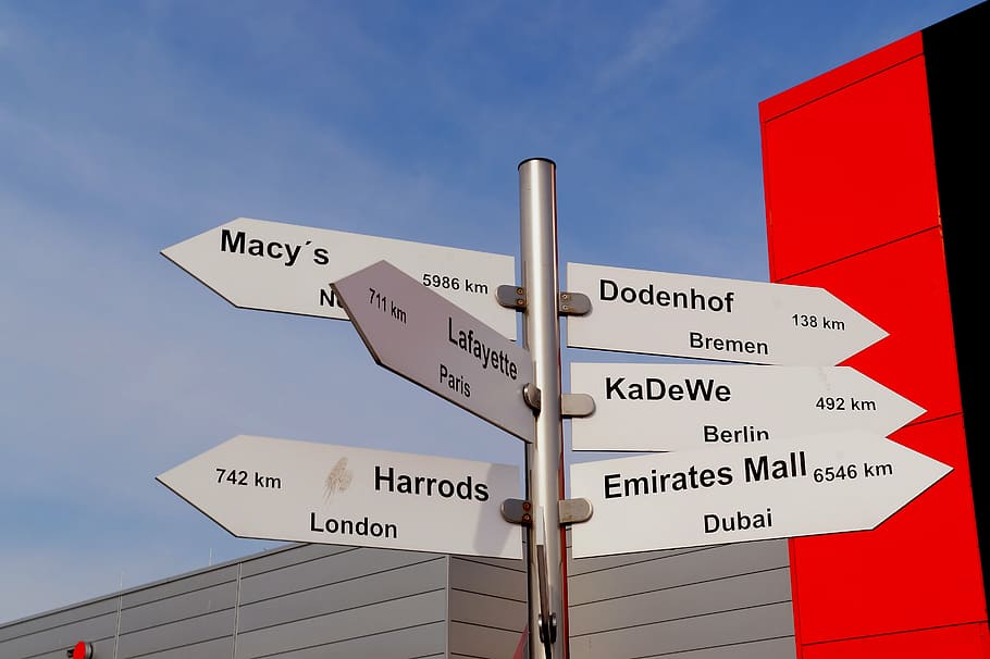 directory, shopping centre, shield, direction, marking, guidance, sign, communication, sky, directional sign