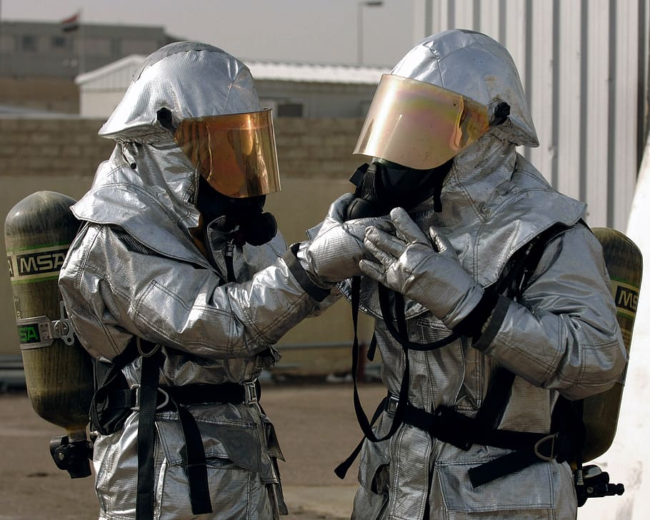 two, person, wearing, hazard suits, firefighters, equipment, portrait, training, oxygen, suits