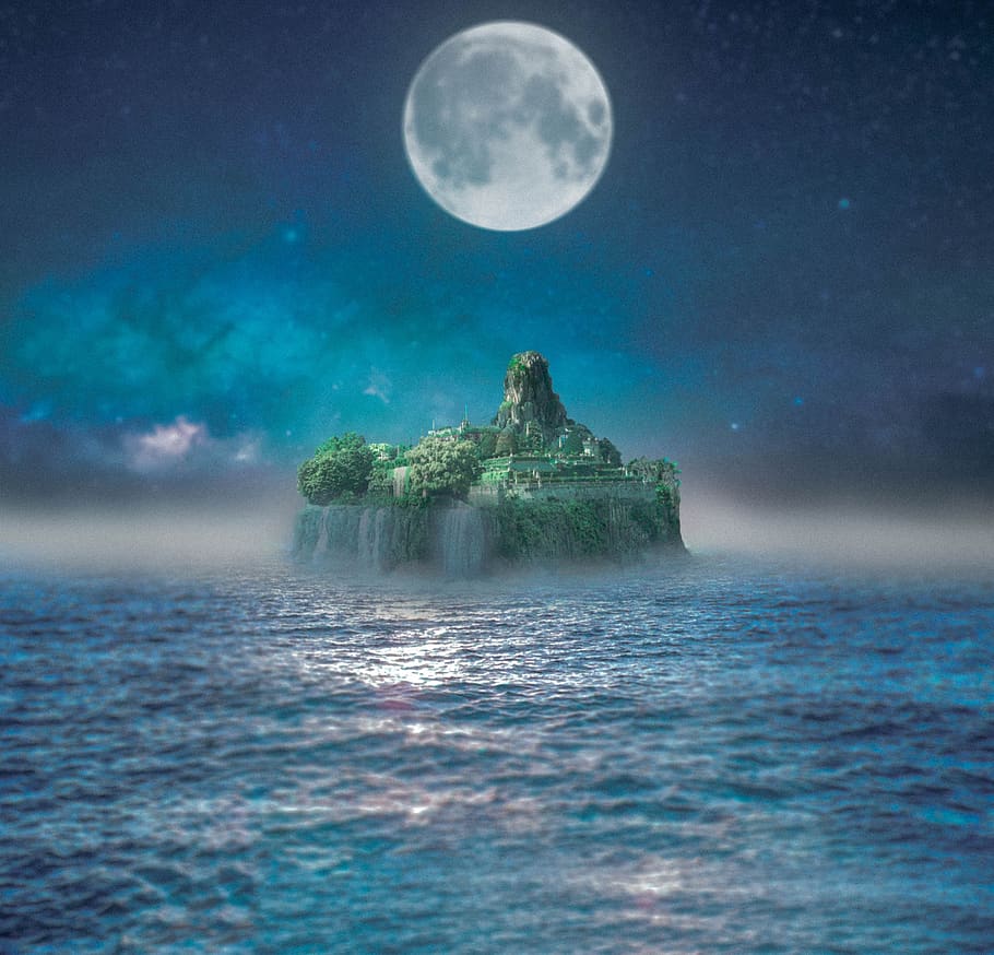 island, water, sea, fantasy, landscape, ocean, night, moon, sky, scenics - nature