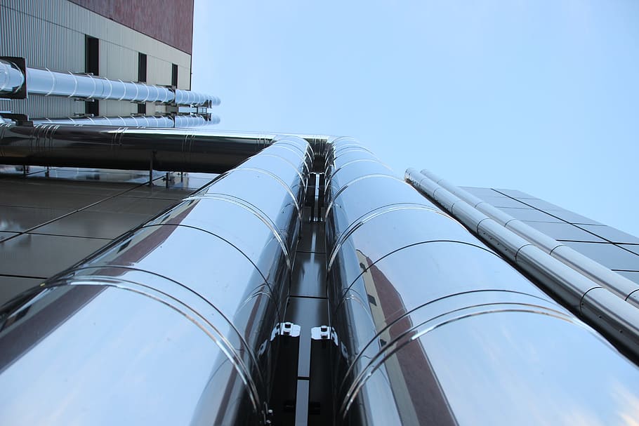 bottom view, curtain wall building, blue, sky, Pipes, Lines, Shiny, Stainless Steel, pipeline, water running
