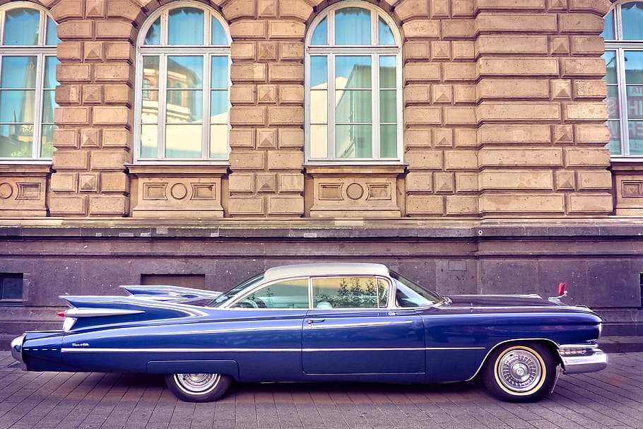 classic, blue, coupe, parked, brown, building, auto, cadillac, old, usa