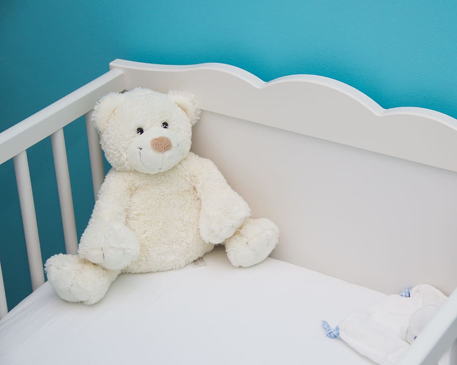 white, bear, plush, toy, wooden, crib, baby, hug, blue, bed