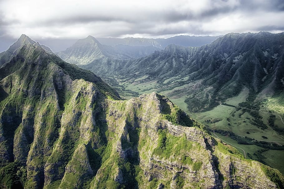 aerial, mountain, hawaii, mountains, sky, clouds, valley, ravine, gorge, tropics