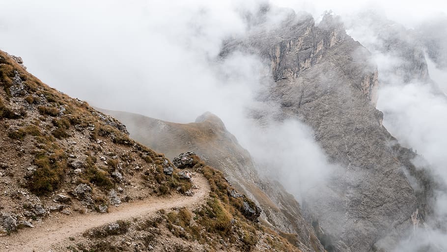 Dolomites, South Tyrol, Alpine, Italy, mountains, path, away, abyss, fog, rock