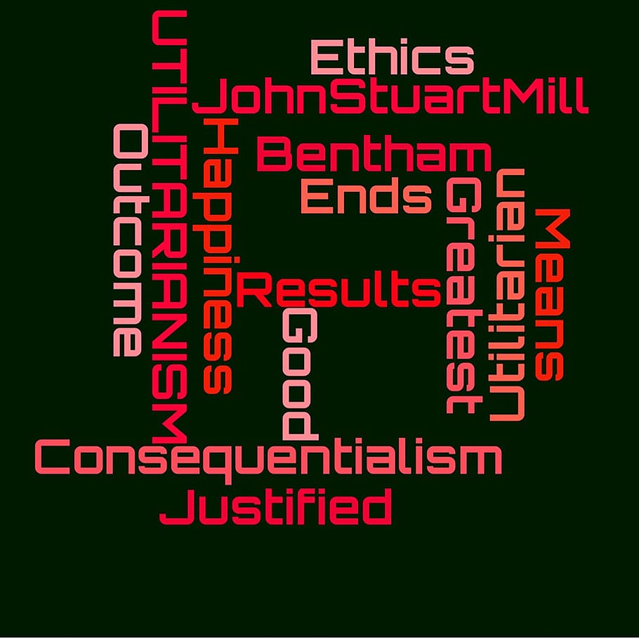 black, background, pink, text overlay, ethics, wordcloud, consequentialism, john stuart mill, message, quote