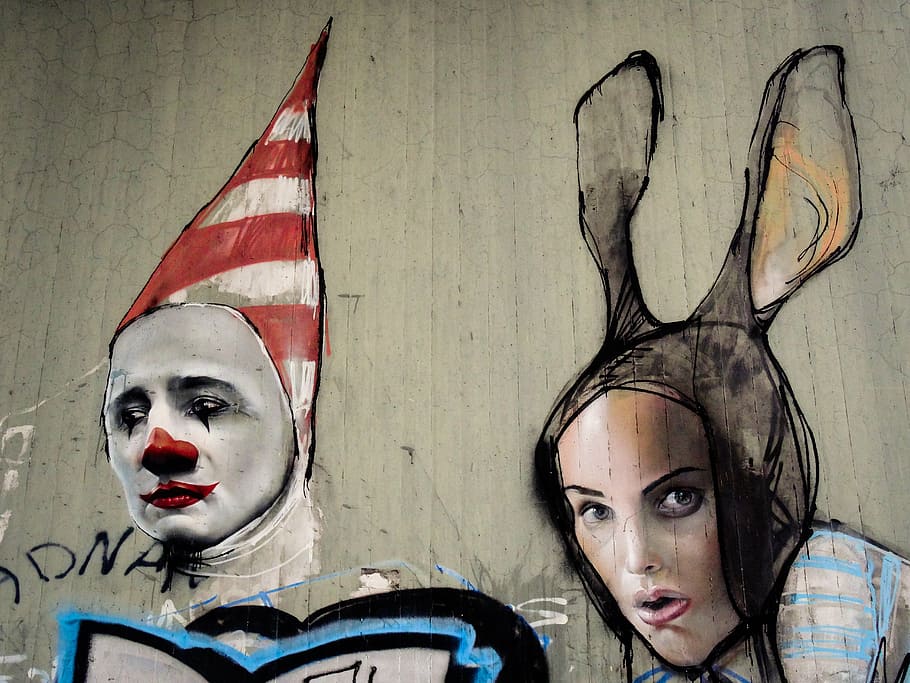dinding badut yang dilukis, grafiti, badut, kelinci, pria, wanita, wajah, tokoh, karnaval, topeng