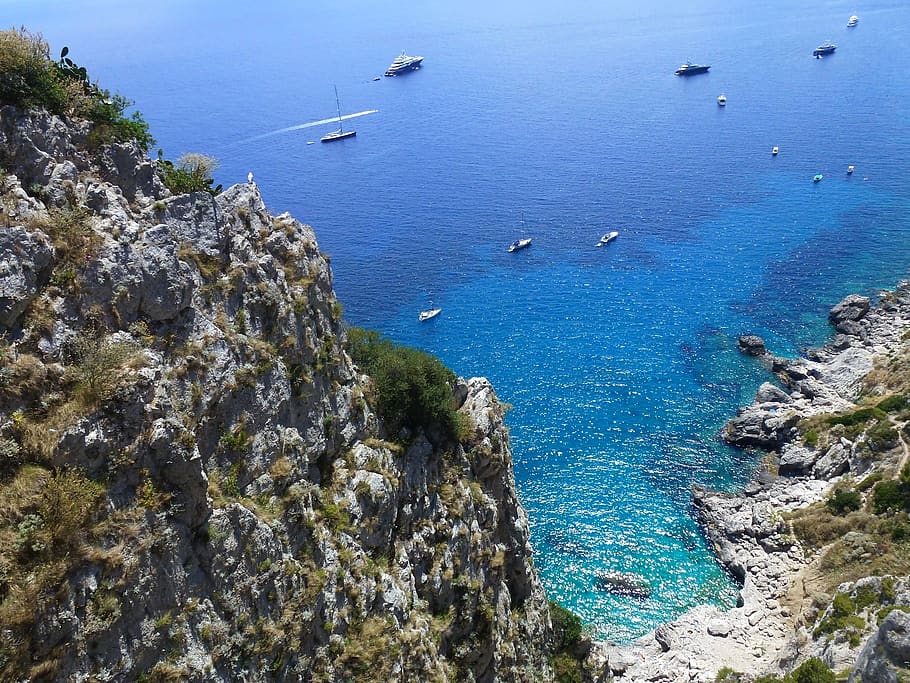 capri, blue, a sea of, falls from a height, water, sea, rock, scenics - nature, high angle view, rock - object