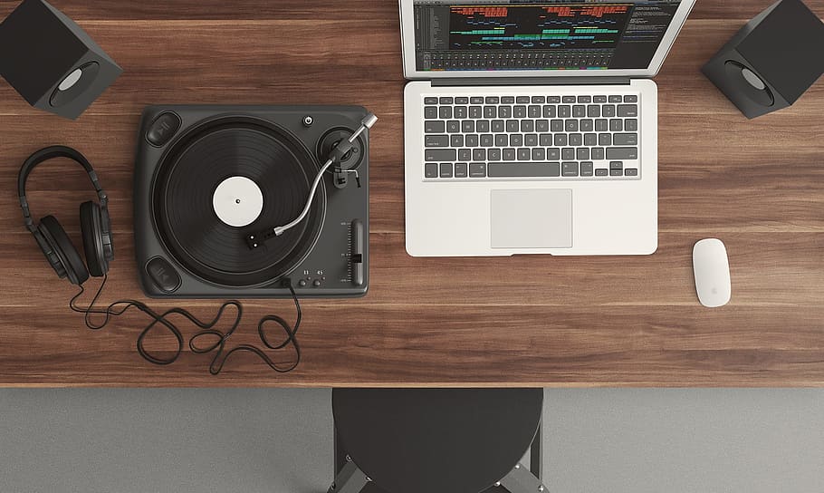 macbook, table, top, turntable, top view, audio, equipment, music, record, technology