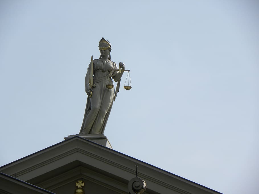 lady justice statue, top, building, clear, sky, justitia, lady, court, lady justice, sword