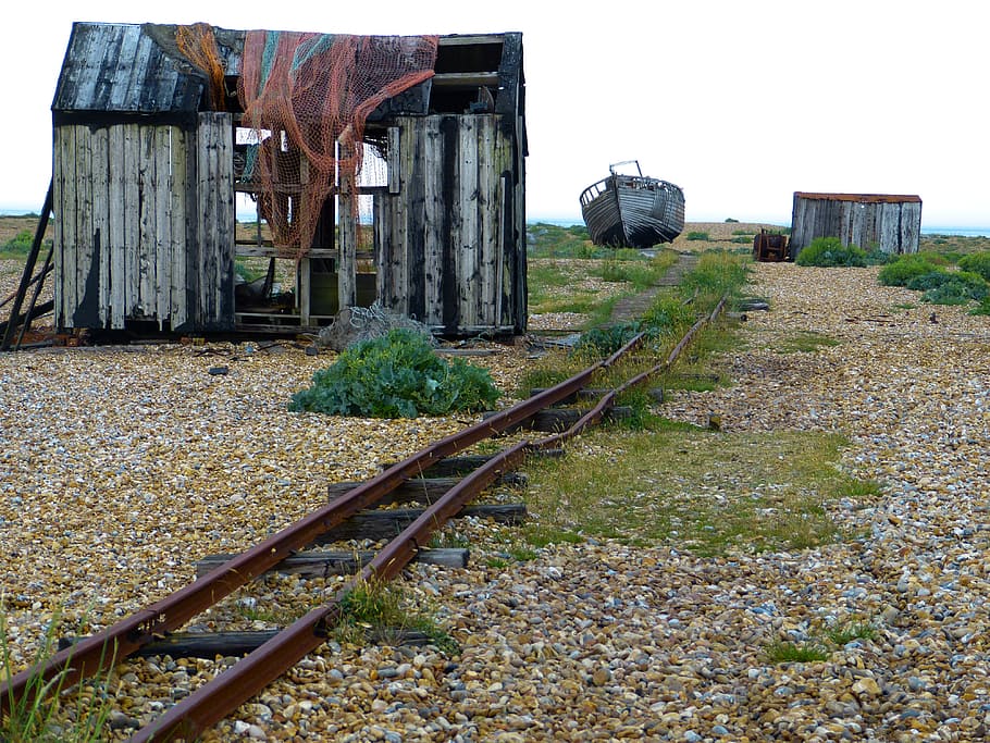 brown, railroad, surrounded, rocks, stones, dungeness, romney marsh, england, kent, south gland