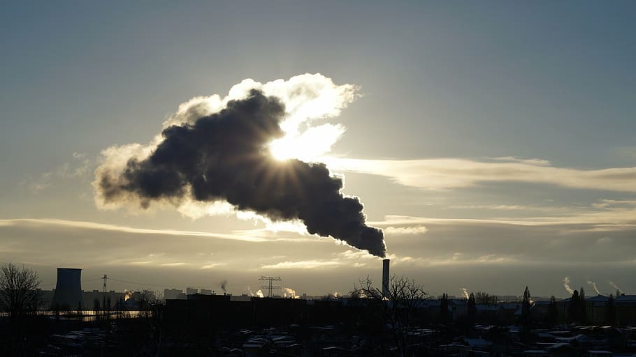 industry, smog, contaminated, chimney, sky, sunrise, partly cloudy, clouds, chimney sweep, smoke stack