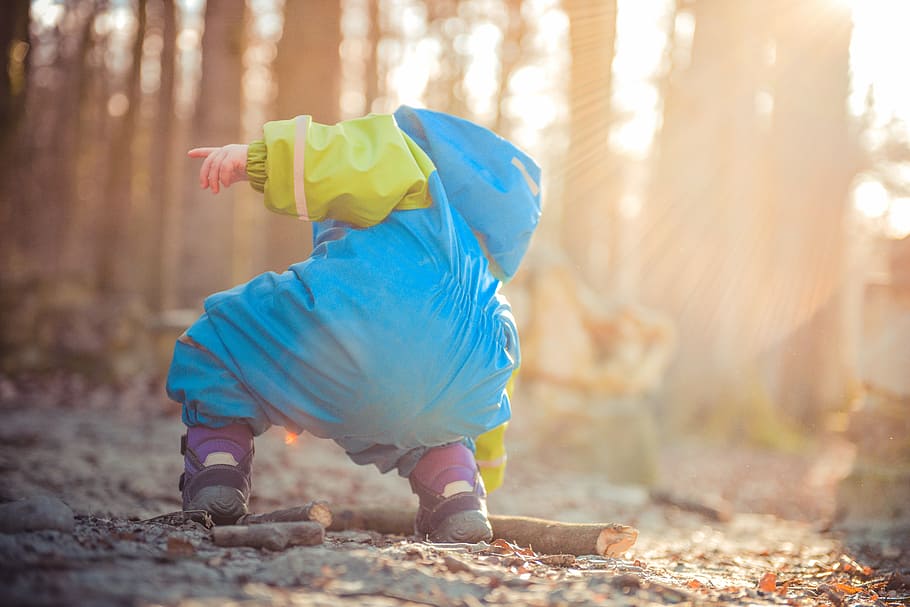 toddler, raincoat, holding, brown, wood, trees, person, wearing, blue, pants
