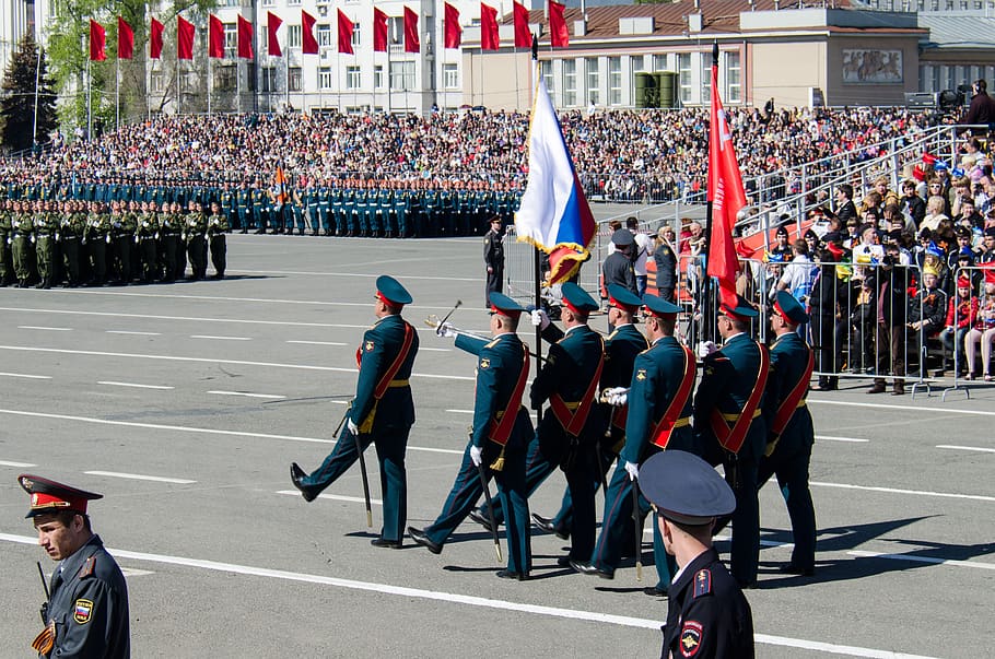 parade, victory day, the 9th of may, samara, area, russia, troops, soldiers, officers, banner