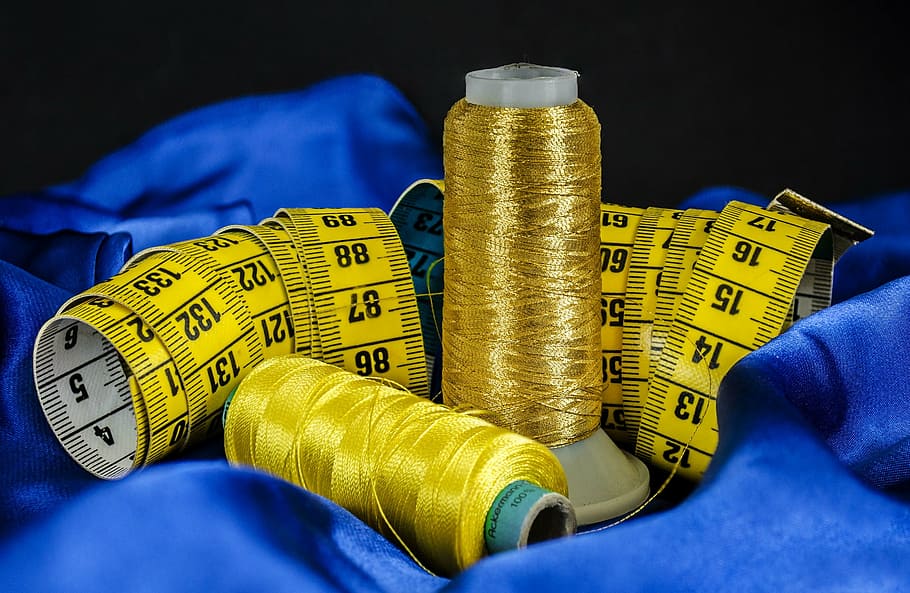 depth, field gold-colored, yellow, threads, tape measure, sewing, cotton, thread, material, tape