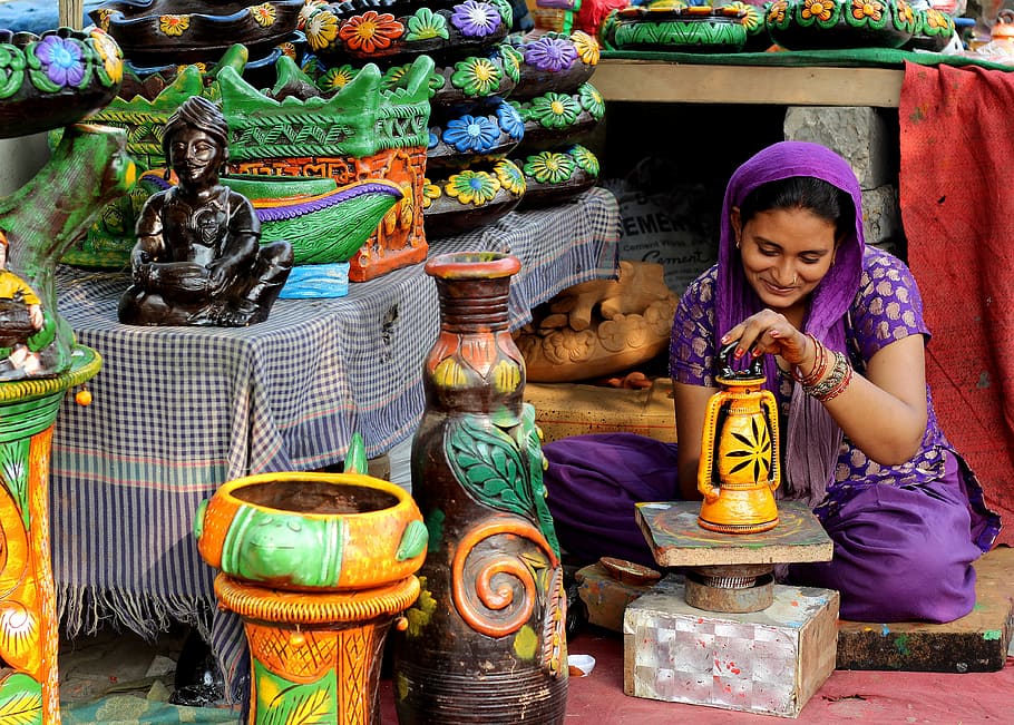 woman, wearing, purple, dress, scarf, indian, painting, pottery, colors, for sale